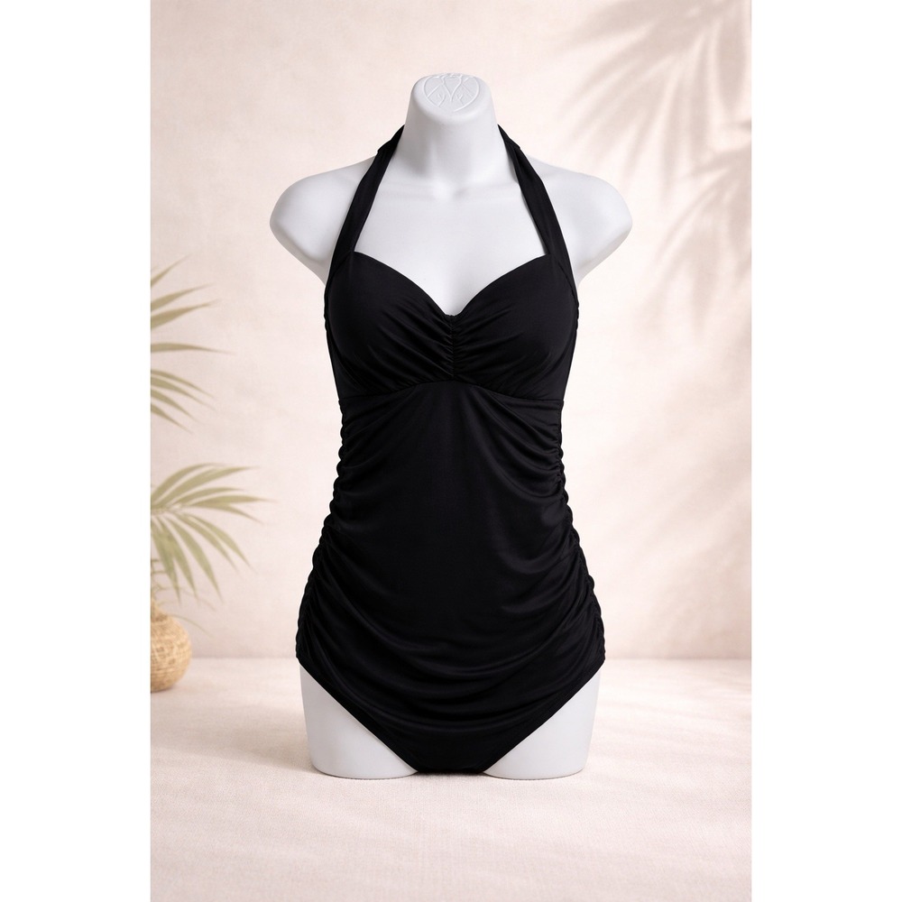 New Lane Bryant One Pc Swimsuit 1x 36D Black Ruched Halter Tie Padded Underwire